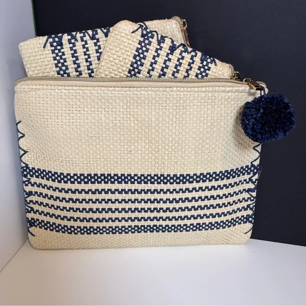 Mud Pie Cream and Navy Straw Makeup Cases- Three Various Sizes
